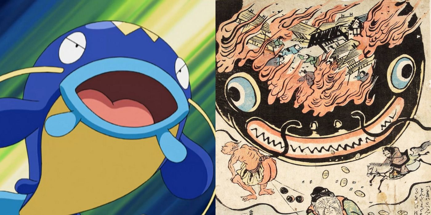 Split image showing Whiscash in the Pokémon anime and Namazu from Japanese mythology
