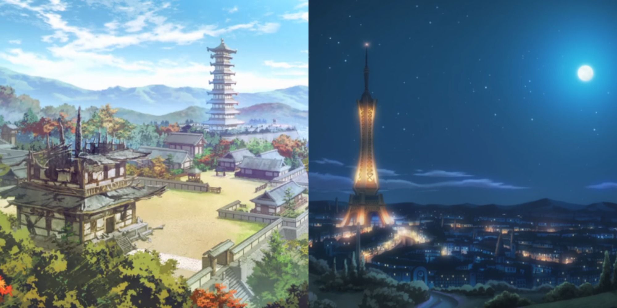 Split image depicting Ecruteak and Lumiose Cities in the Pokémon anime