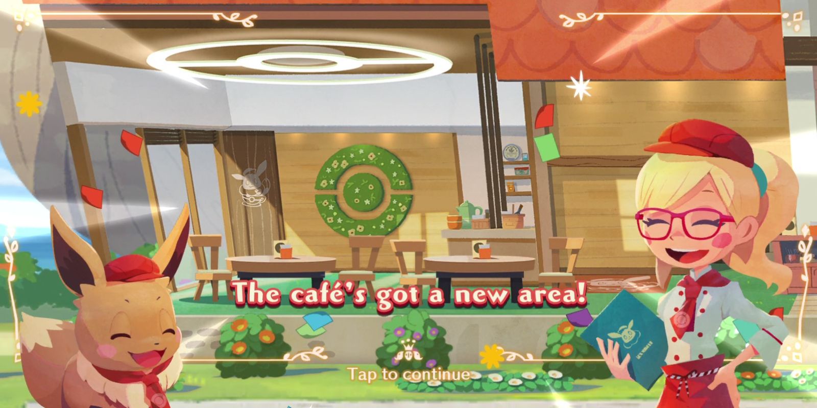 A Pokémon monster laughs with a female cafe employee in the Nintendo Switch game Pokémon Cafe Mix.