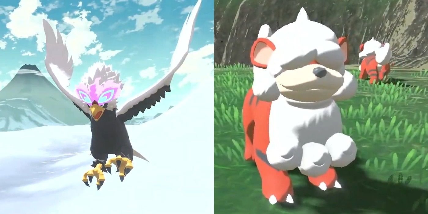 Split image showing Hisuian Braviary and Hisuian Growlithe in Pokémon Legends Arceus