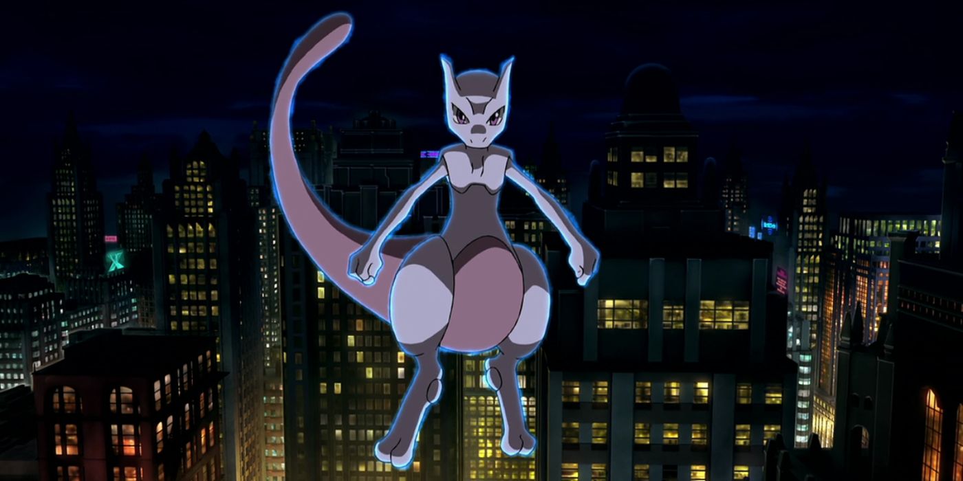 Mewtwo floating over a city at night