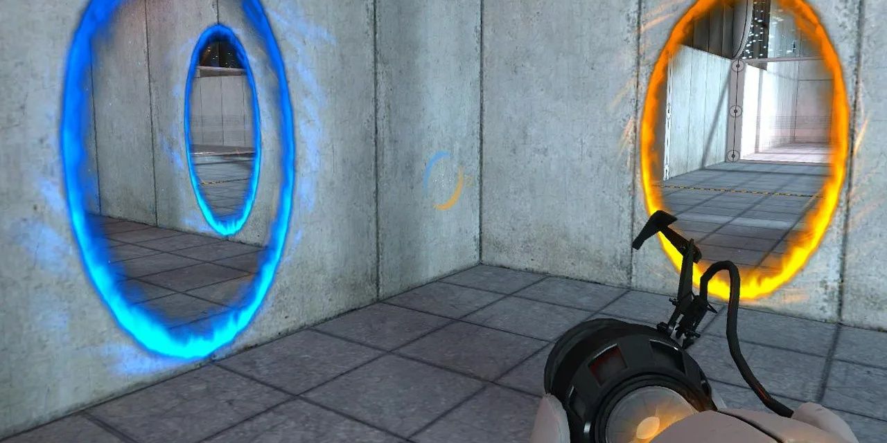 Portal gun creating a portal on the walls in Portal game.