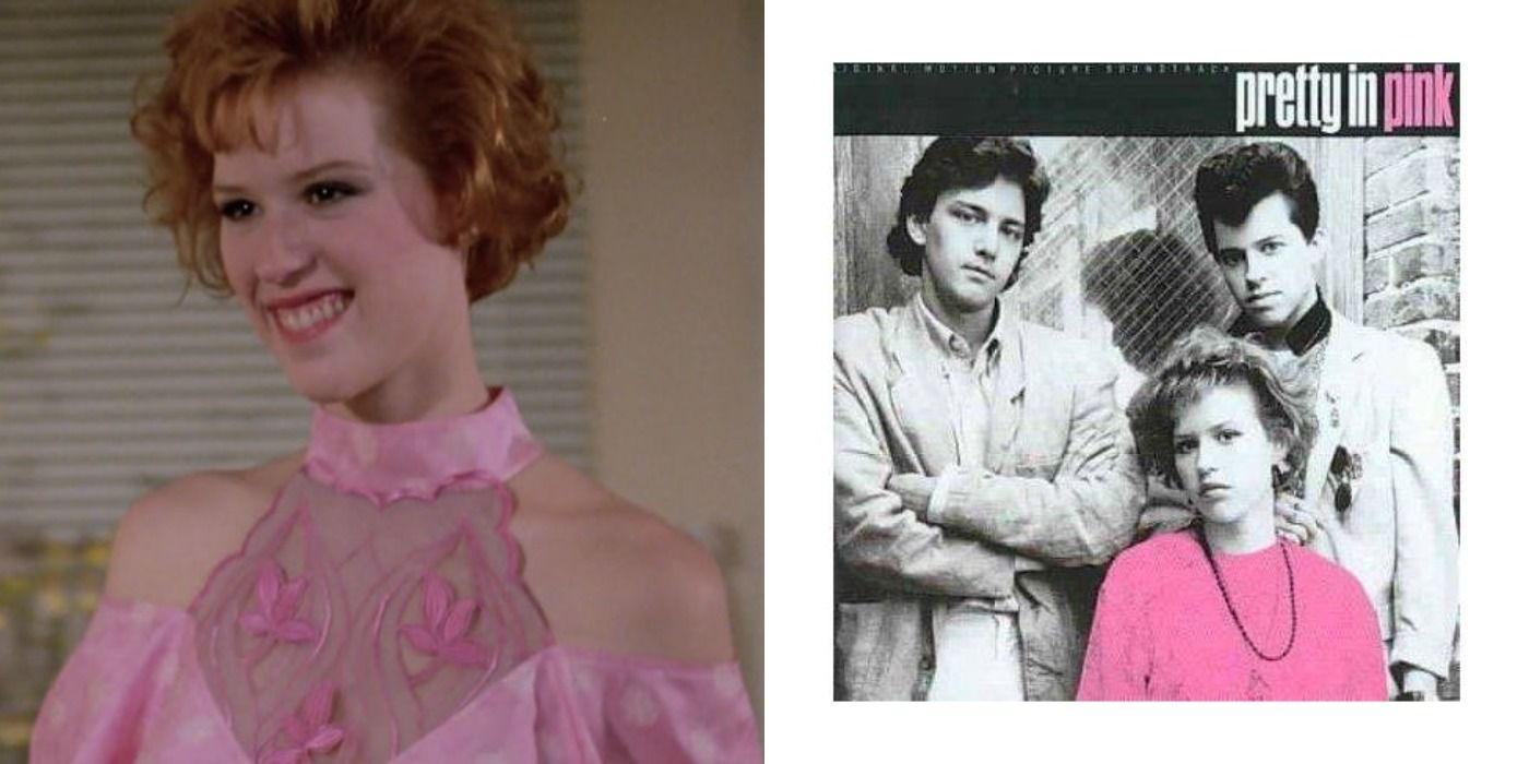 Split image showing Andie smiling and the cover to the Pretty in Pink soundtrack