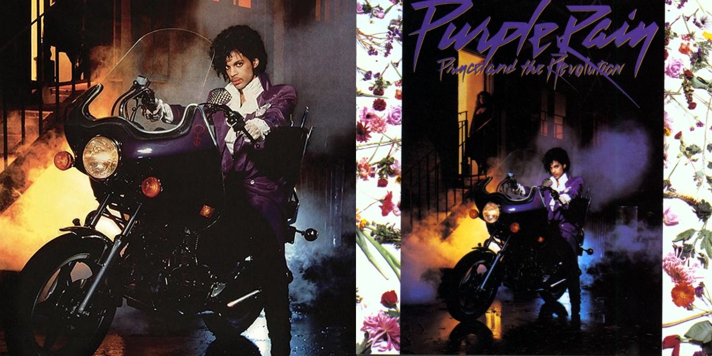 Split image showing Prince in a bike and the cover to the Purple Rain soundtrack
