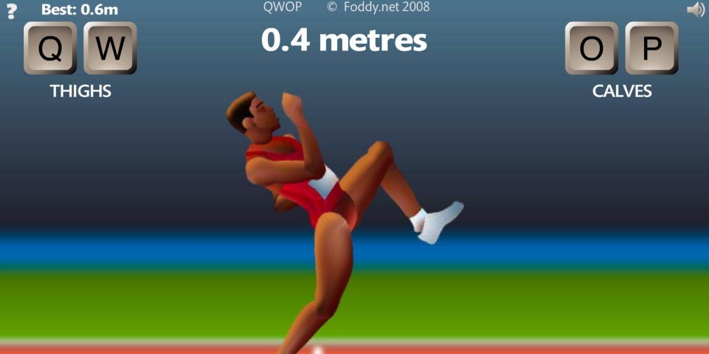 A character performing a jump in the QWOP game