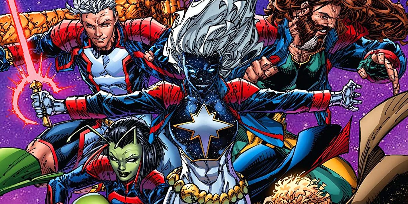 Quasar with a sword leading the Guardians of the Galaxy.