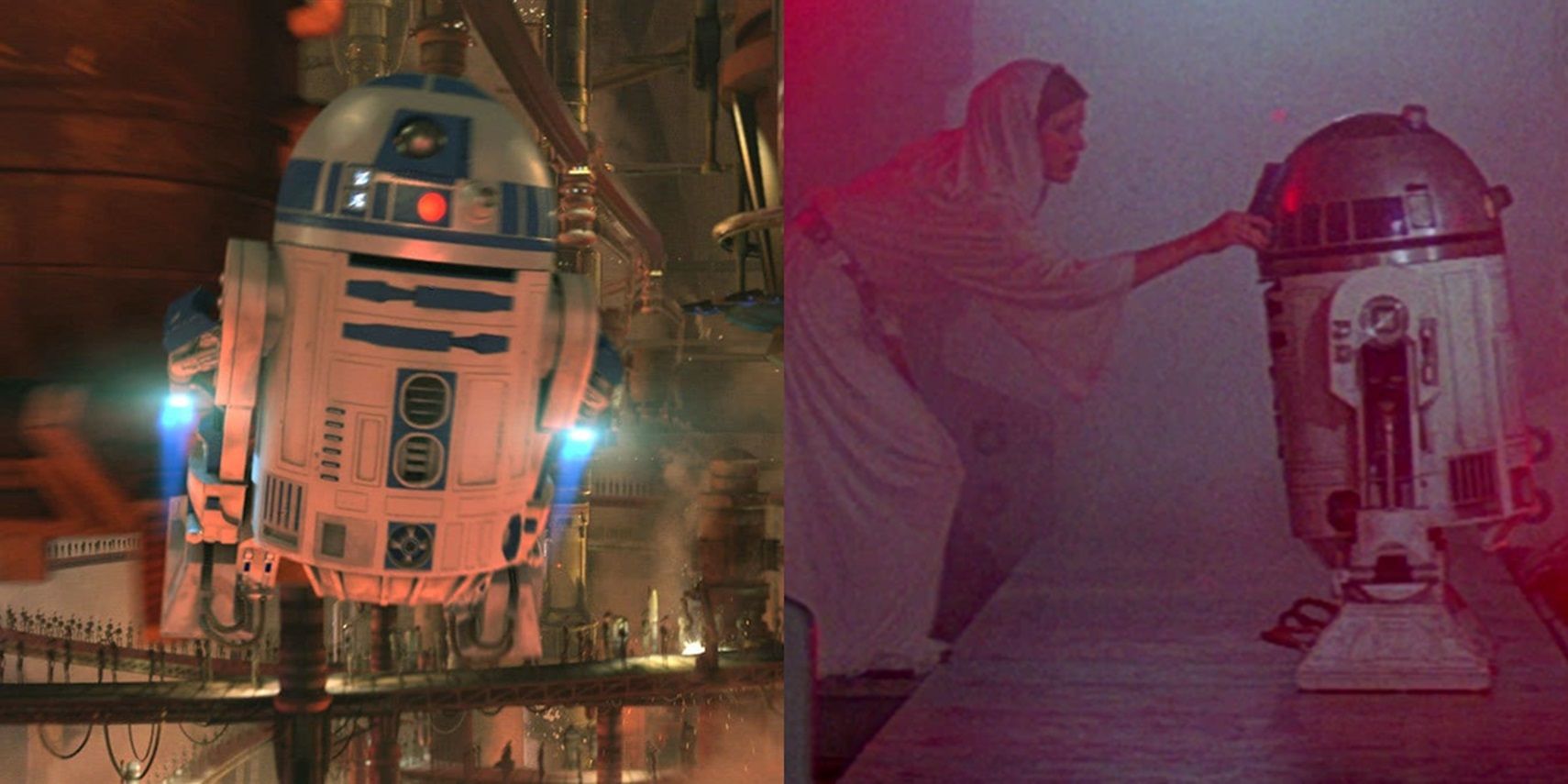 R2-D2 flying in a droid factory and Leia recording a message in Star Wars
