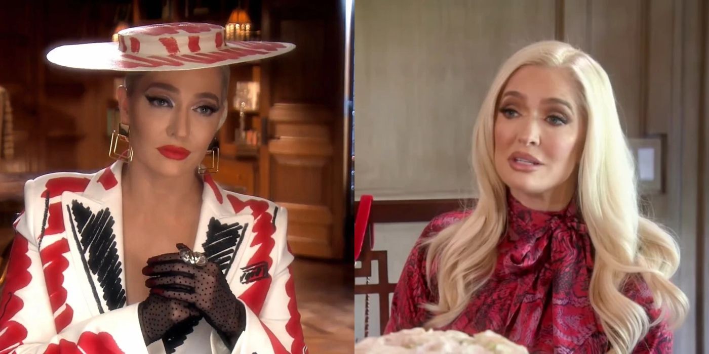 Split featured image of Erika wearing a striped jacket and hat and looking upset on The Real Housewives of Beverly Hills