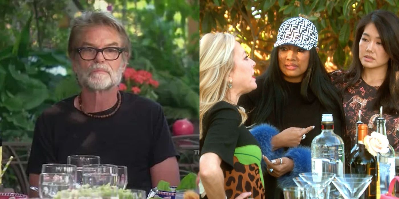 Split image of Harry, Sutton, Garcelle and Crystal at lunch outside on RHOBH