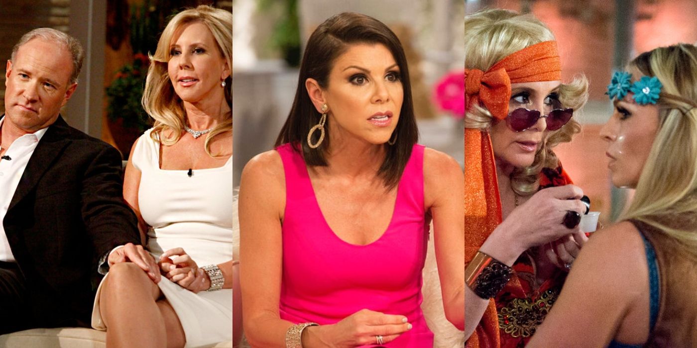 Split image of Brooks and Vicki, Heather, and Shannon and Tamra on RHOC