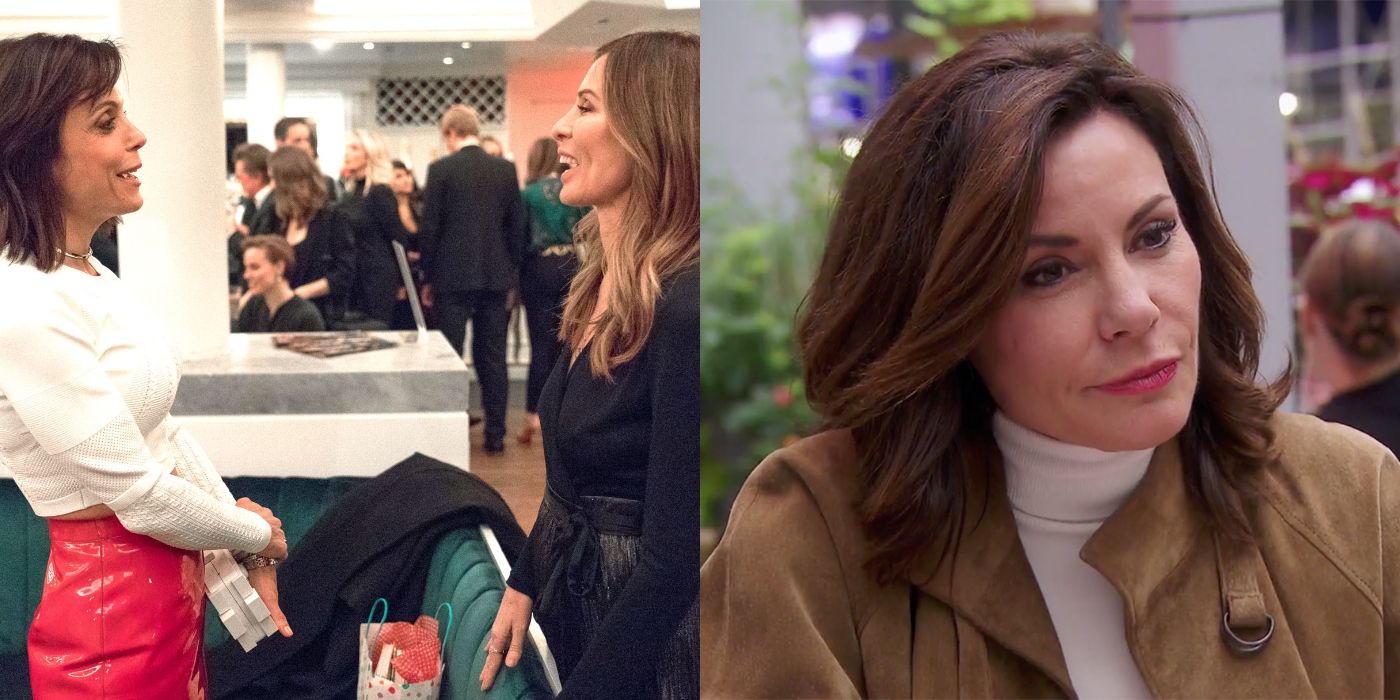 Split featured image of Bethenny and Carole talking at a party and Luann looking serious on The Real Housewives of New York City