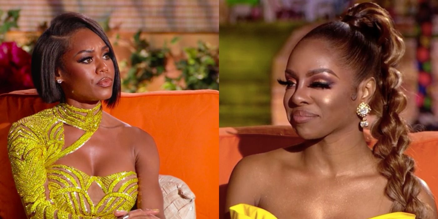 Split image of Monique and Candiace facing off in yellow dressesat the season 5 reunion of Bravo's 'The Real Housewives of Potomac.'.'