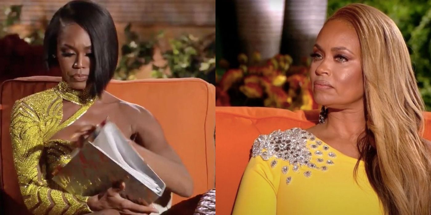 Monique Samuels en Gizelle Bryant in gele jurken tijdens de reünie van seizoen 5 