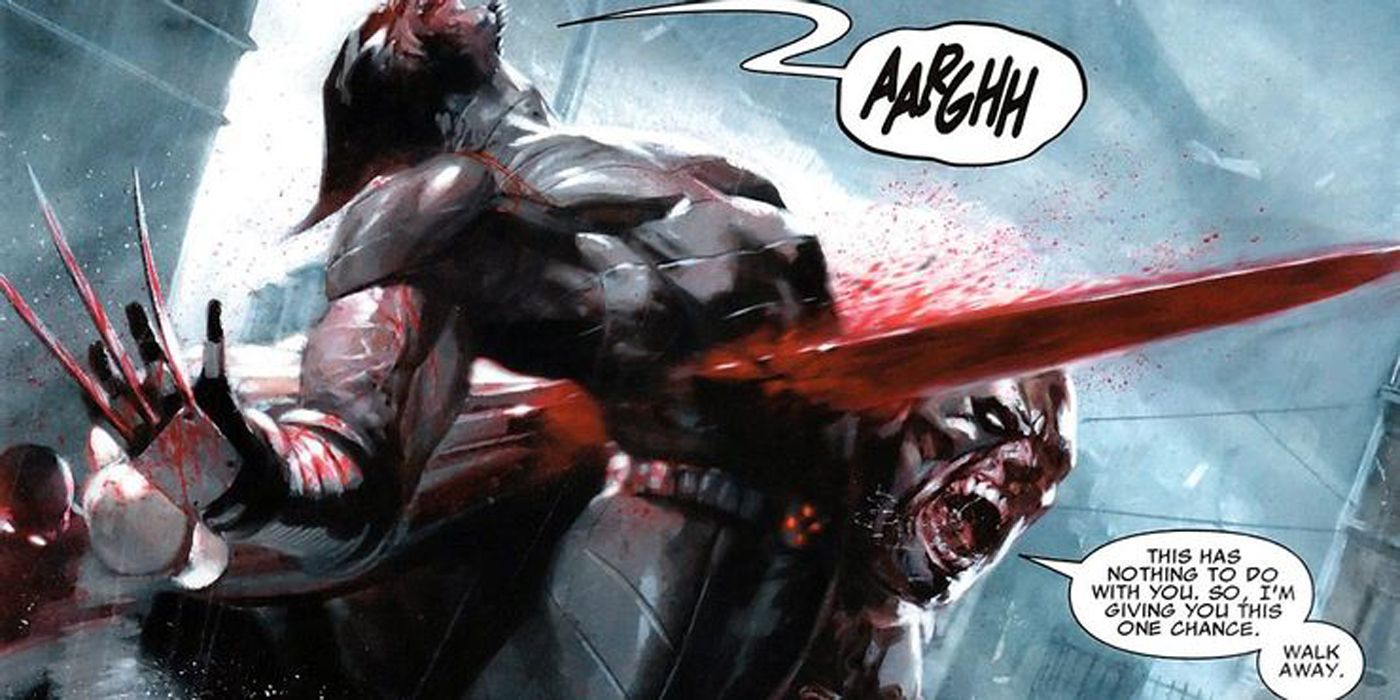 Razor Fist drives his blade through Wolverine in Marvel Comics.