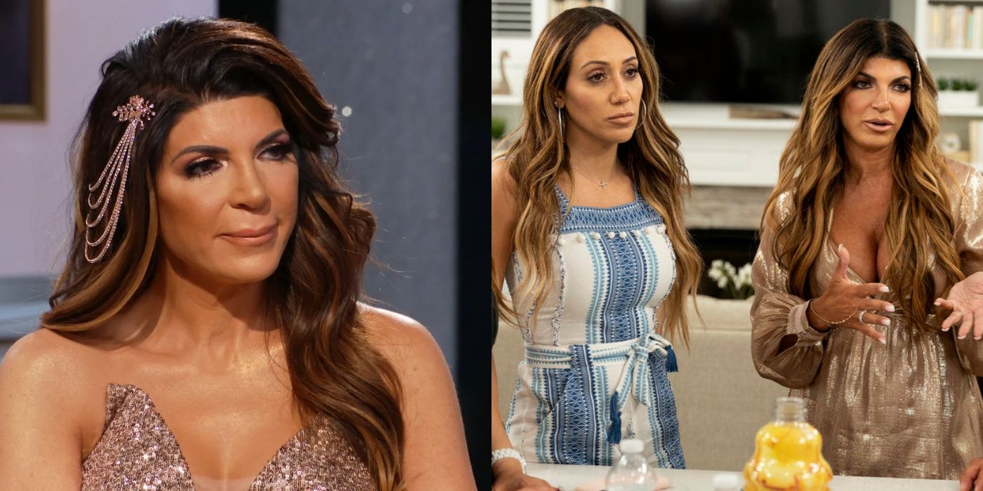 Split featured image of Teresa Giudice looking serious and Melissa Gorga and Teresa Giudice standing together on The Real Housewives Of New Jersey