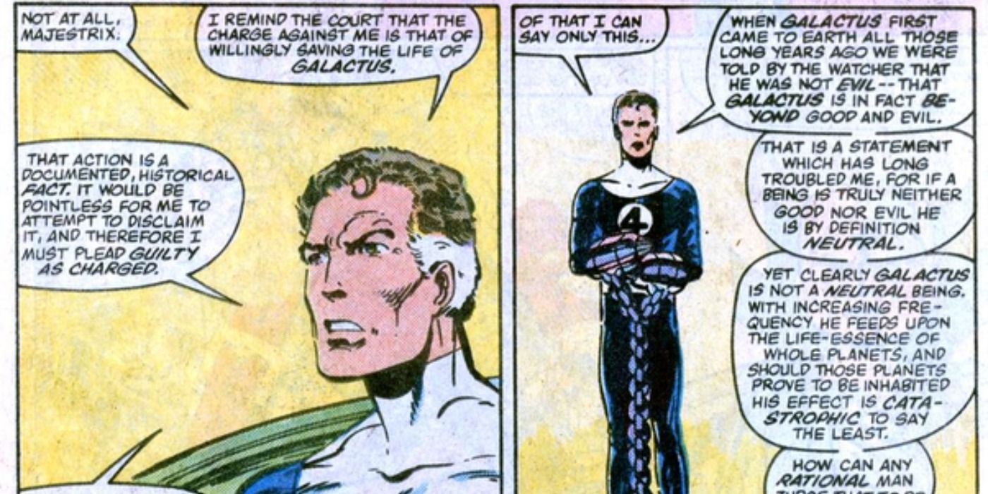 Reed RIchards on trial for saving Galactus in Marvel Comics.