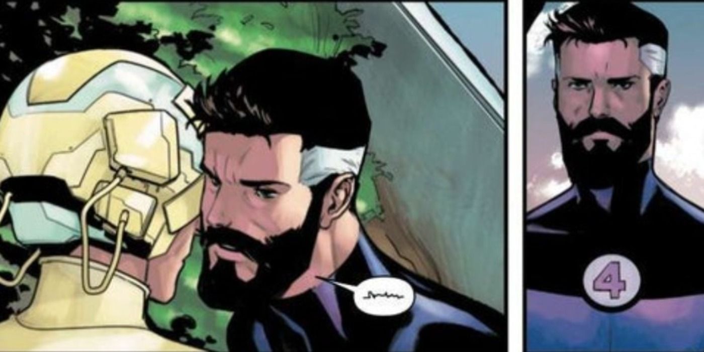 Reed Richards whispers in Professor X's ear in Marvel Comics.