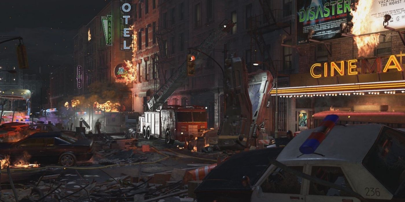 A destroyed Raccoon City as seen in Resident Evil 2