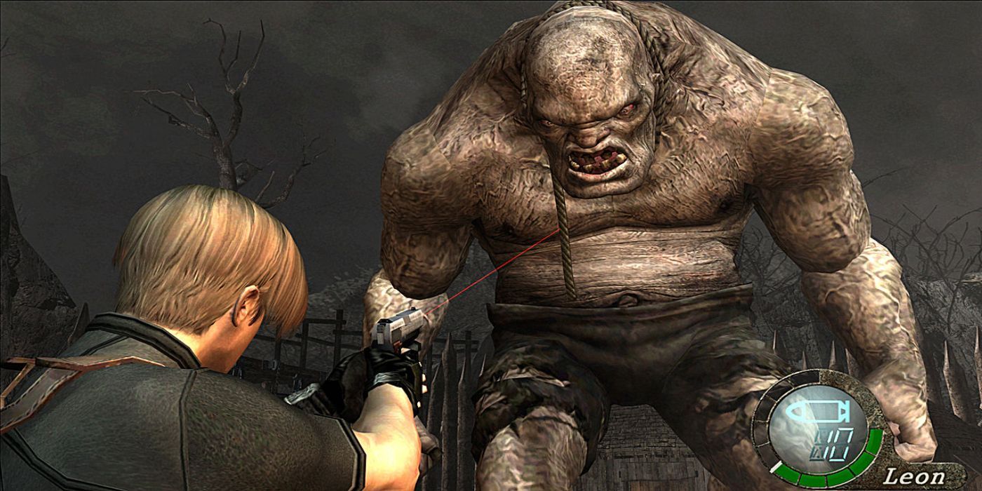 Leon points his gun at a giant monster in Resident Evil 4.