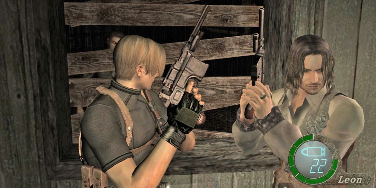 Leon's resting stance with the Red9 in Resident Evil 4.