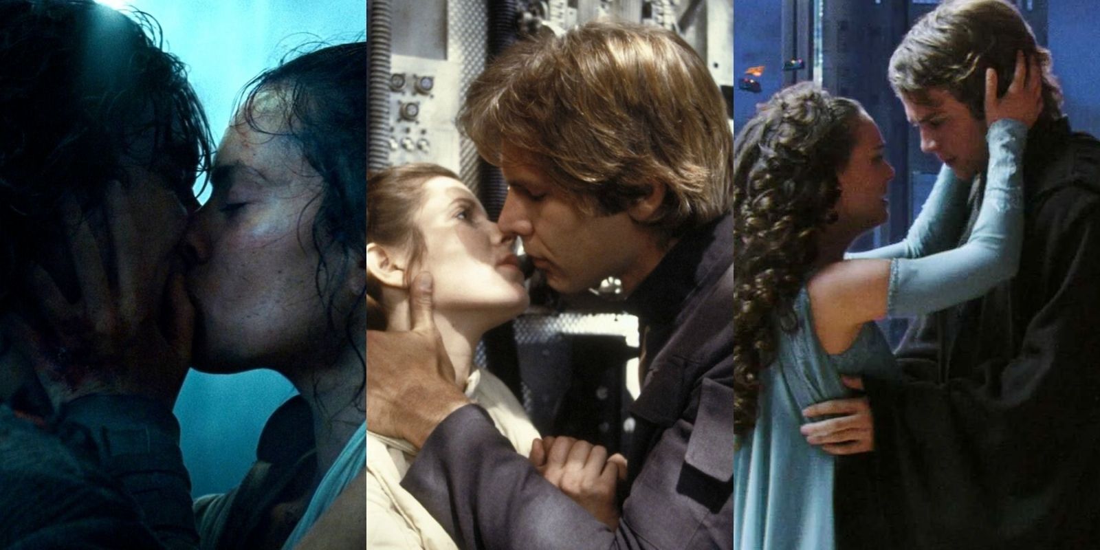 Rey and Kylo Ren kiss, Han Solo and Leia Organa about to kiss, and Padme Amidala holds Anakin Skywalker's face in Star Wars