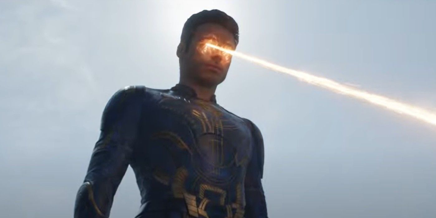 Ikaris firing laser beams from his eyes in Eternals.
