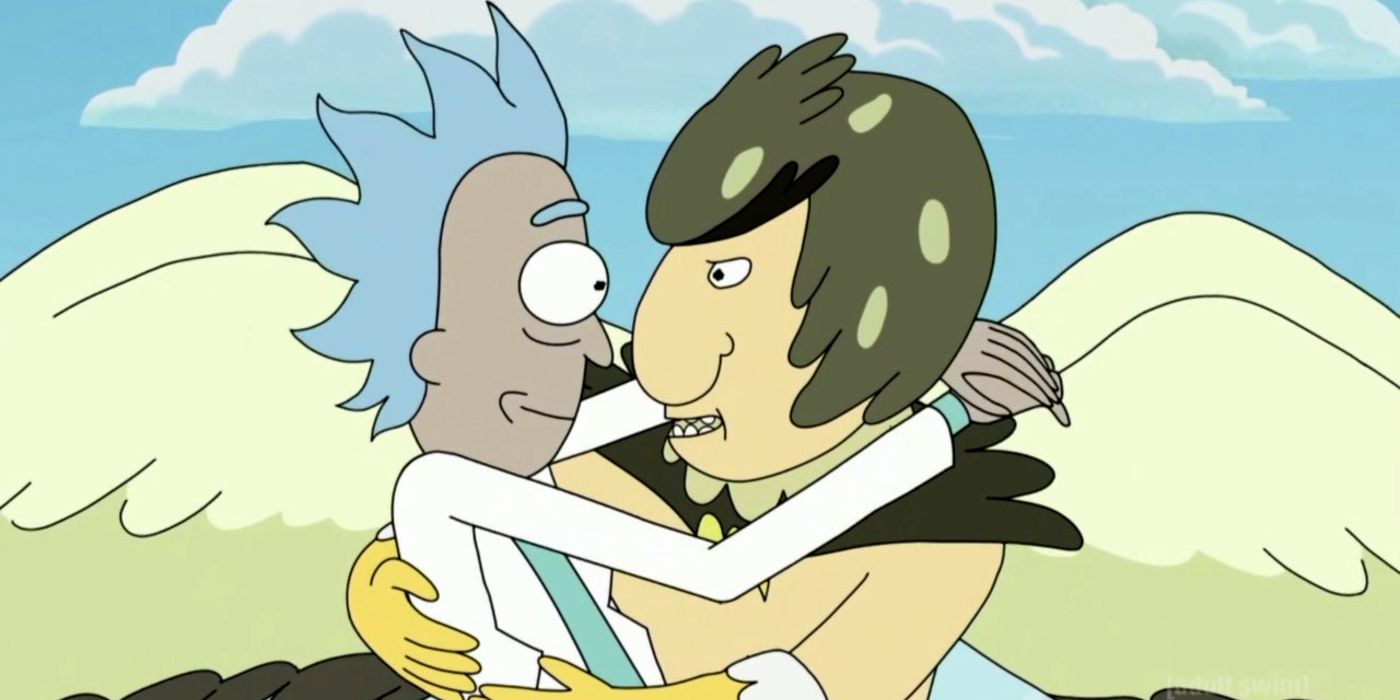 Rick and Birdperson in each other's arms in Rick and Morty