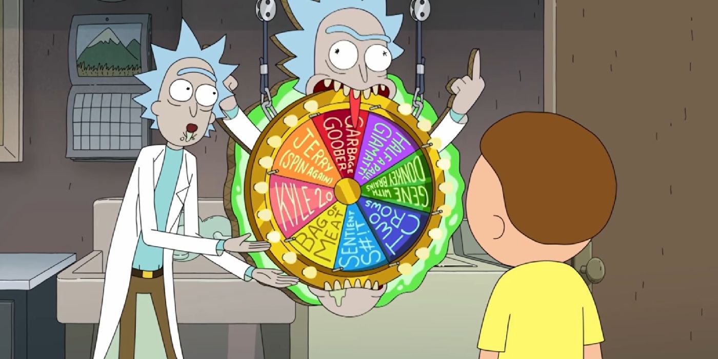 Rick spins the sidekick wheel in front of Morty on Rick and Morty