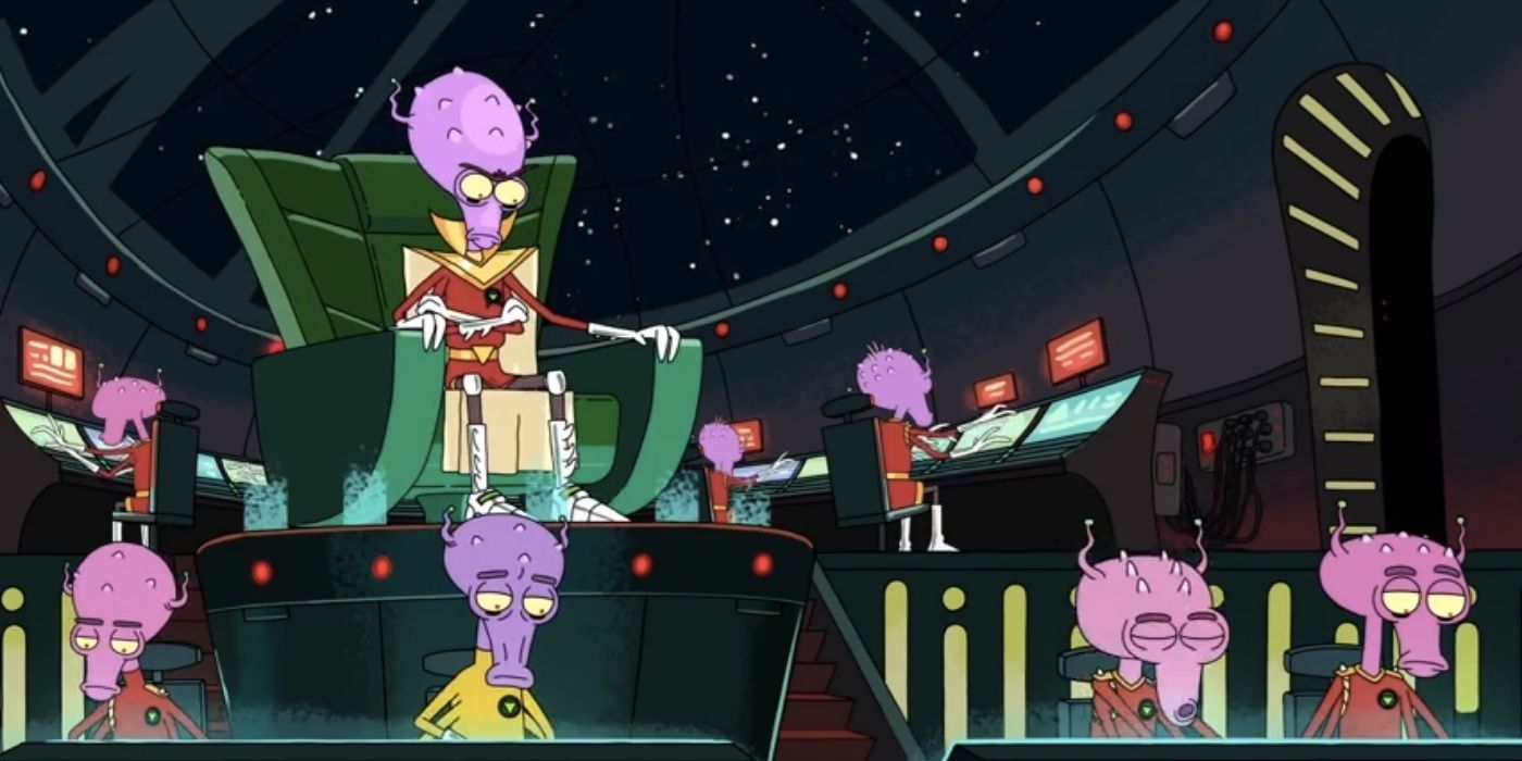 The Ziggerian Scammers em uma nave espacial em Rick and Morty