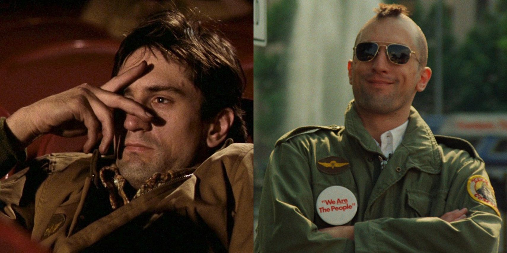 Robert De Niro as Travis Bickle in a movie theater and on the street in Taxi Driver