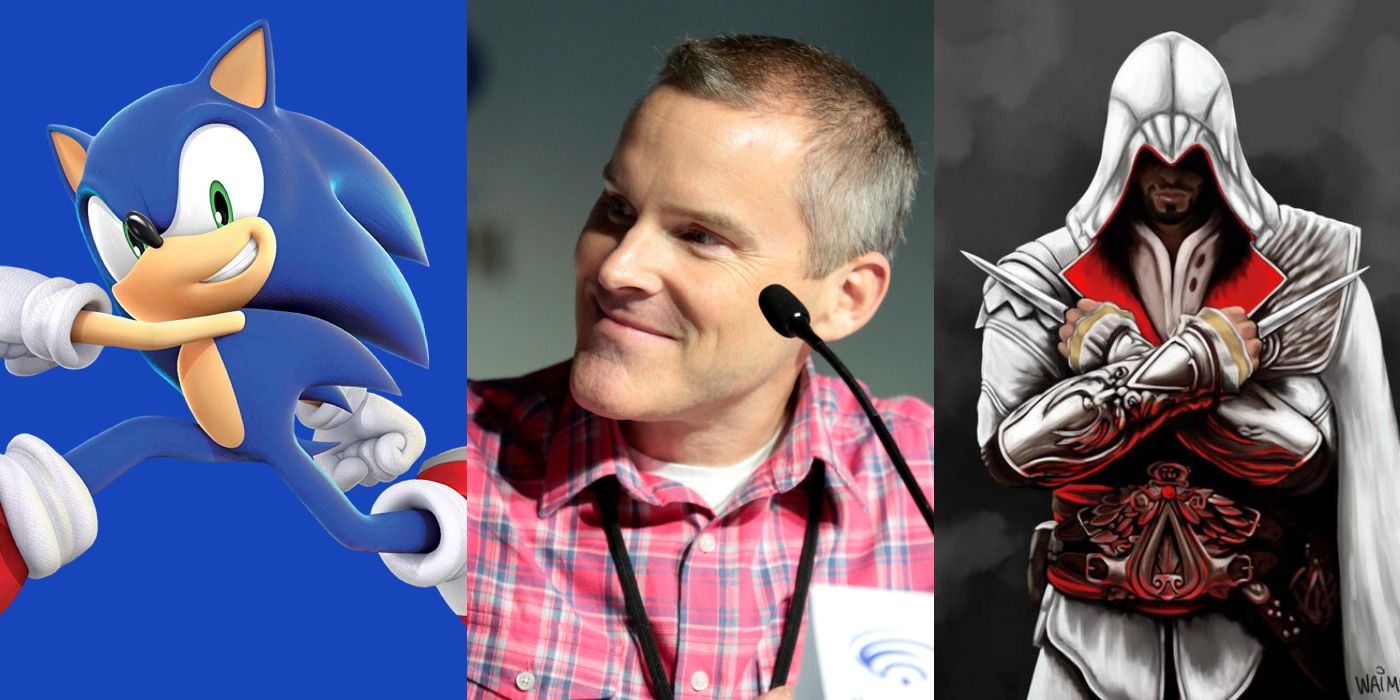Split image showing Sonic the Hedgehog, Roger Craig Smith, and Ezio in Assassin's Creed