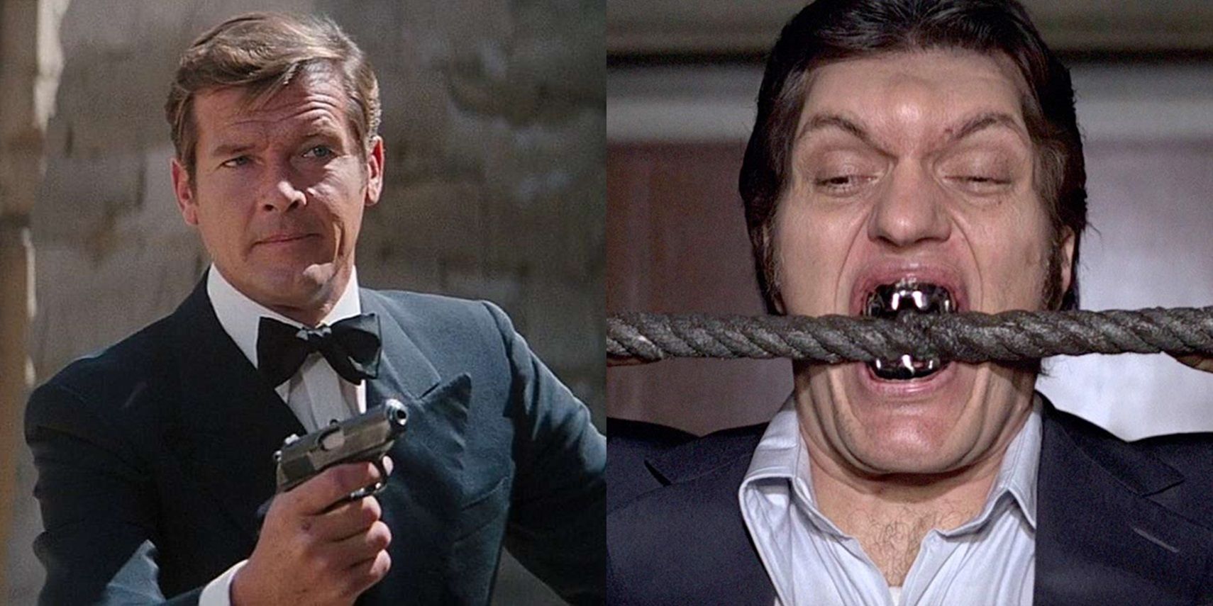 Roger Moore as James Bond holding a gun and Richard Kiel as Jaws biting a cable
