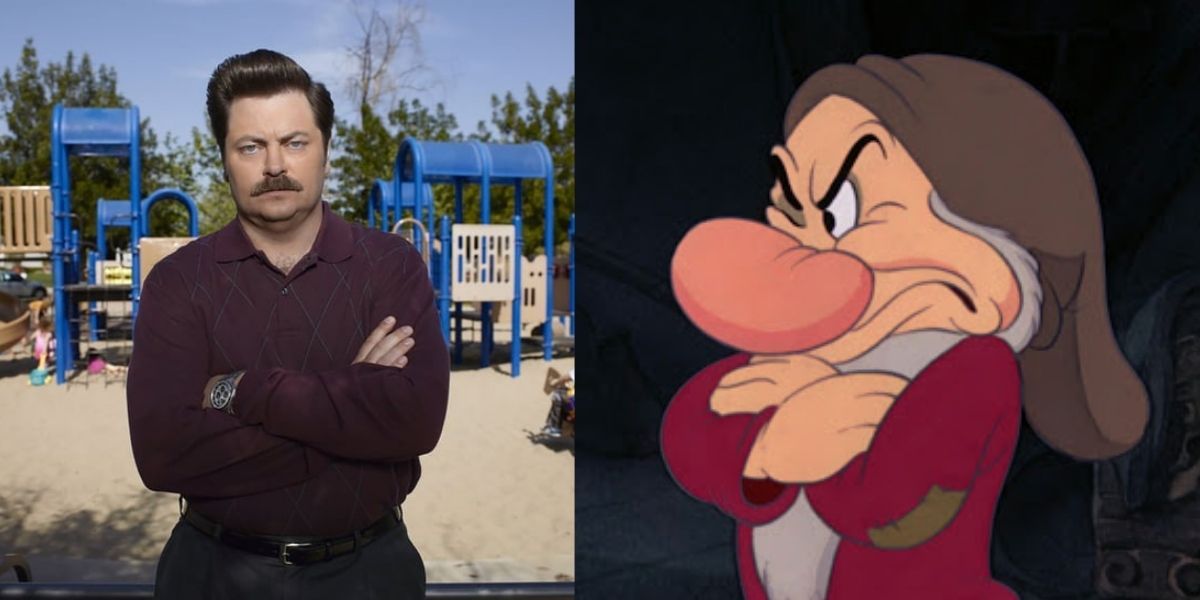 Split Image: Ron from Parks and Rec and Grumpy from Snow White crossing their arms