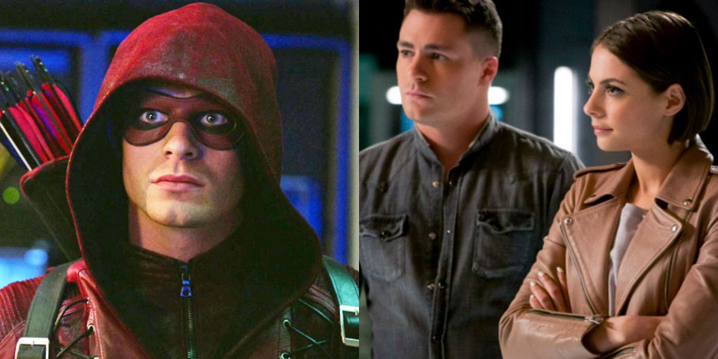 Split image of Roy as Red Arrow and Roy and Thea standing next to each other in Arrow