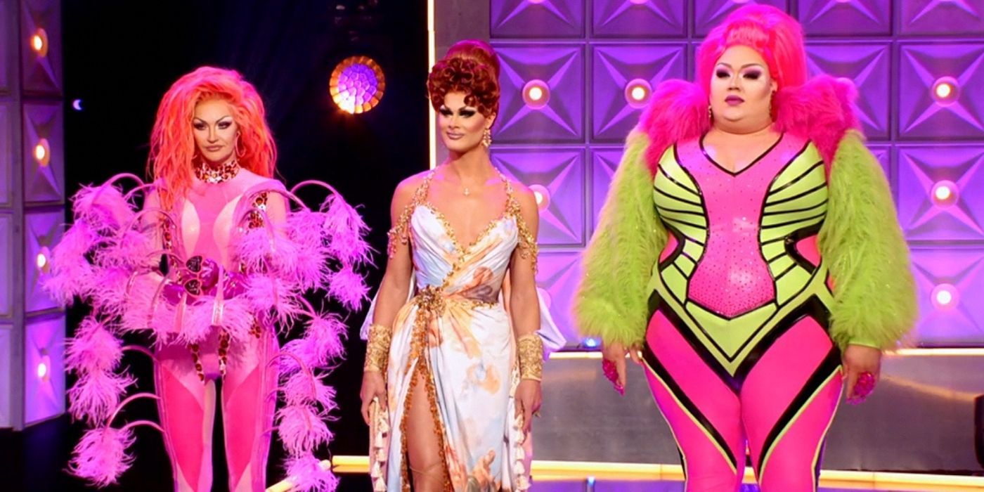 Silky Nutmeg and two queens in the RuPaul's Drag Race runway
