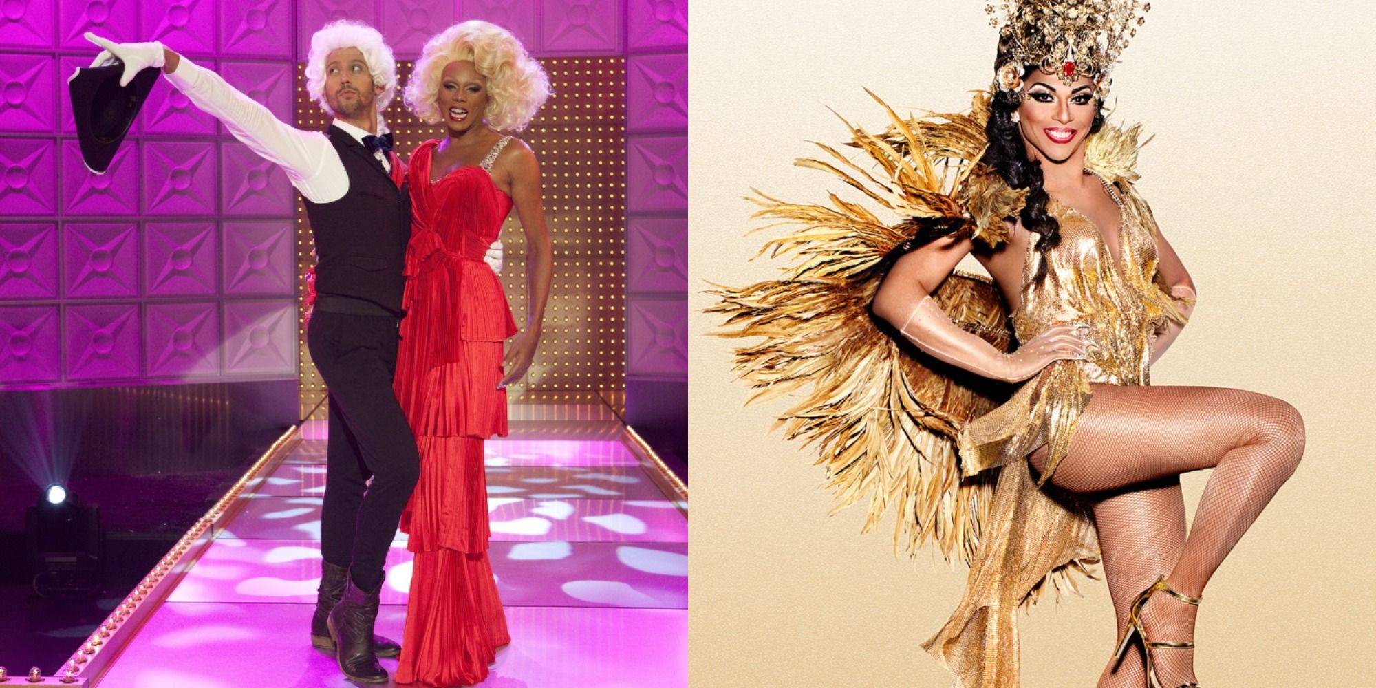 Split image of Simon posing with RuPaul and Shangela posing