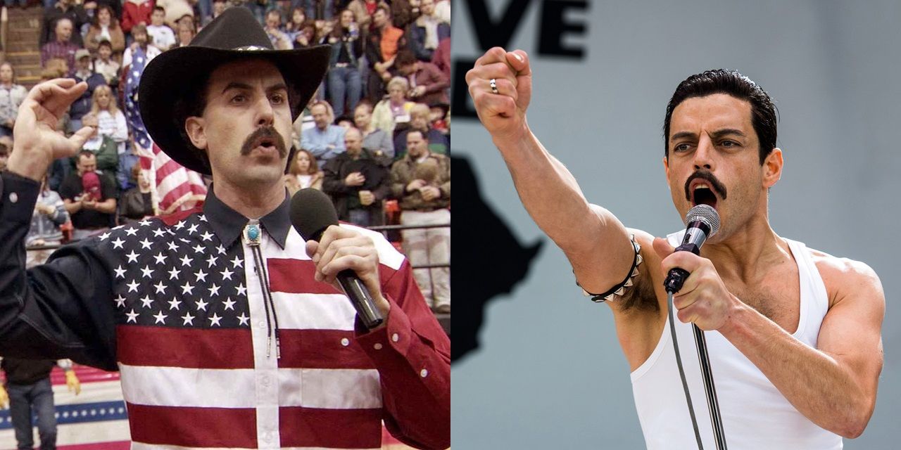 Sacha Baron Cohen in Borat and Rami Malek in Bohemian Rhapsody
