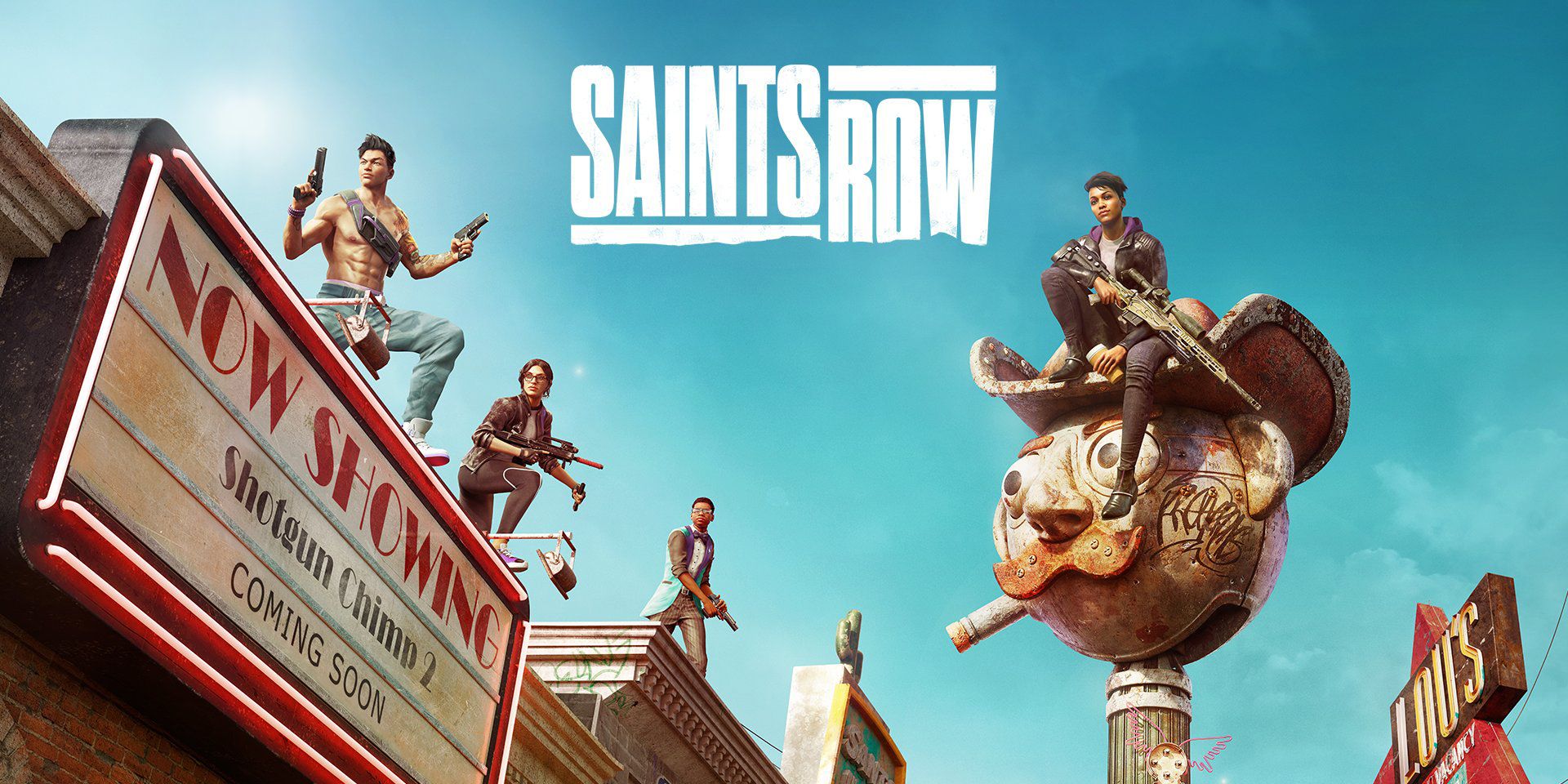 A cover image featuring the protagonists in the Saints Row reboot on top of a cinema.