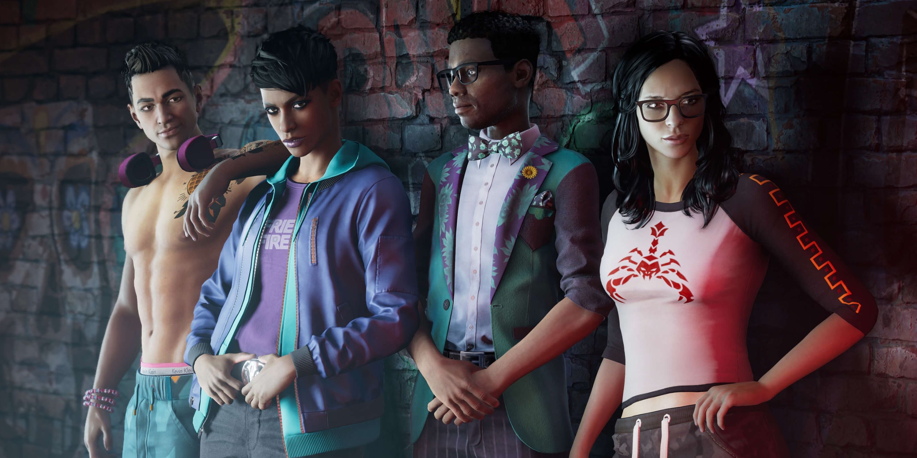 A photo of Kevin, the Boss, Eli, and Neenah leaning against a wall in the trailer for the Saints Row reboot.