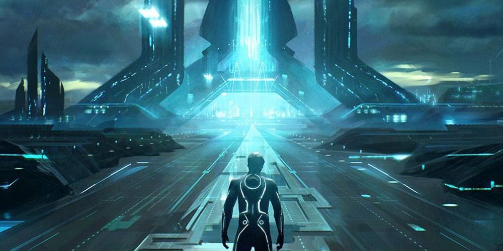 Sam standing on a long black and blue road in Tron, staring up at a castle-like building