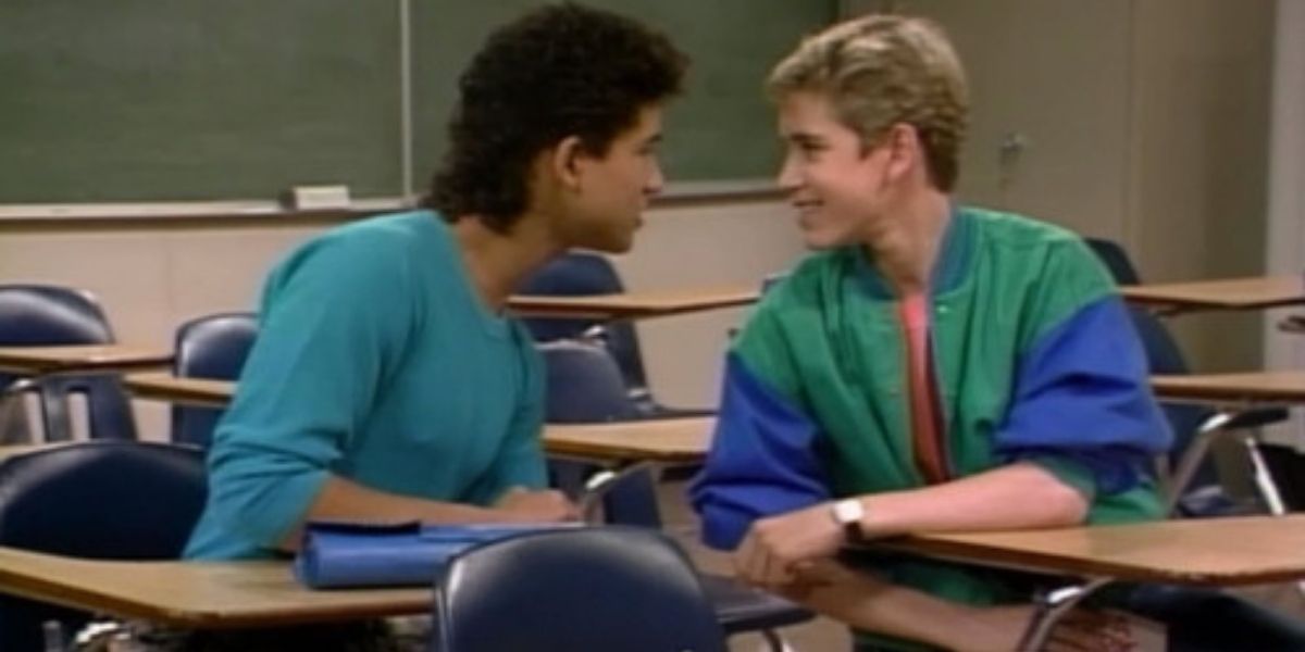 Zack and A.C. arguing in class in Saved By The Bell.
