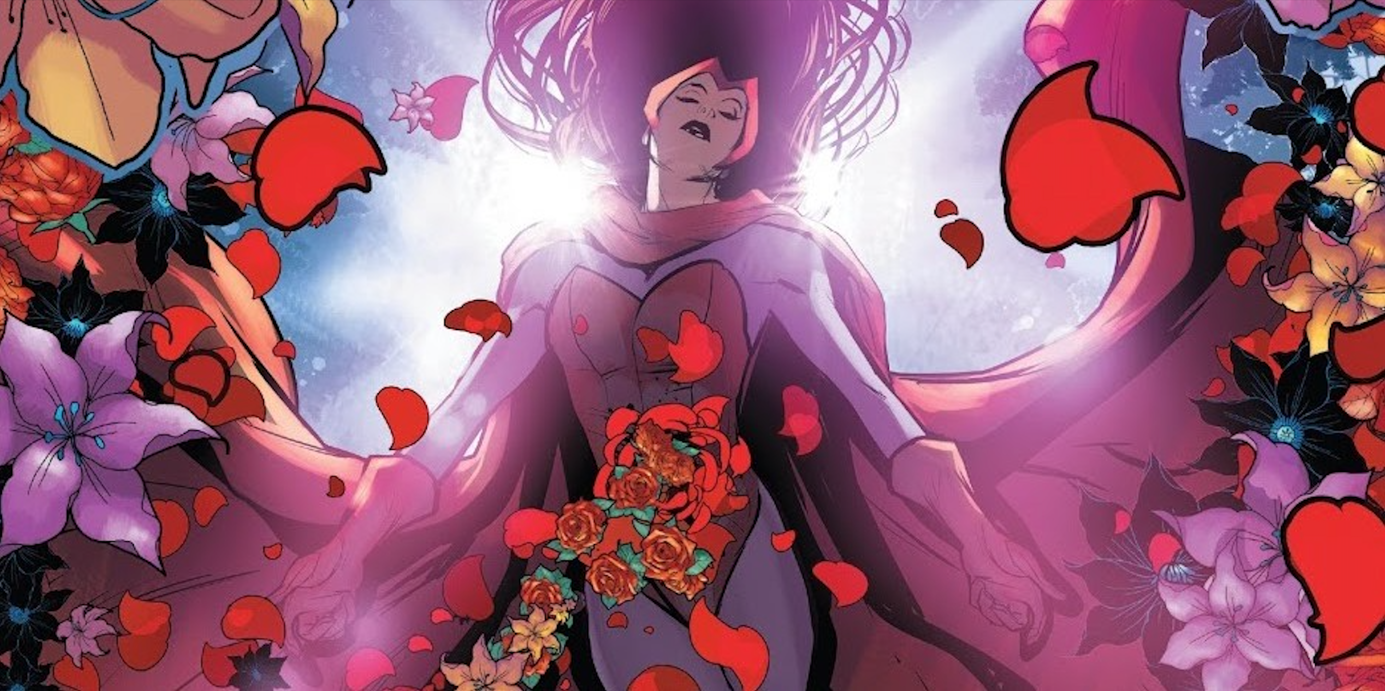 Rose petals erupt from Scarlet Witch after her death in Marvel Comics.