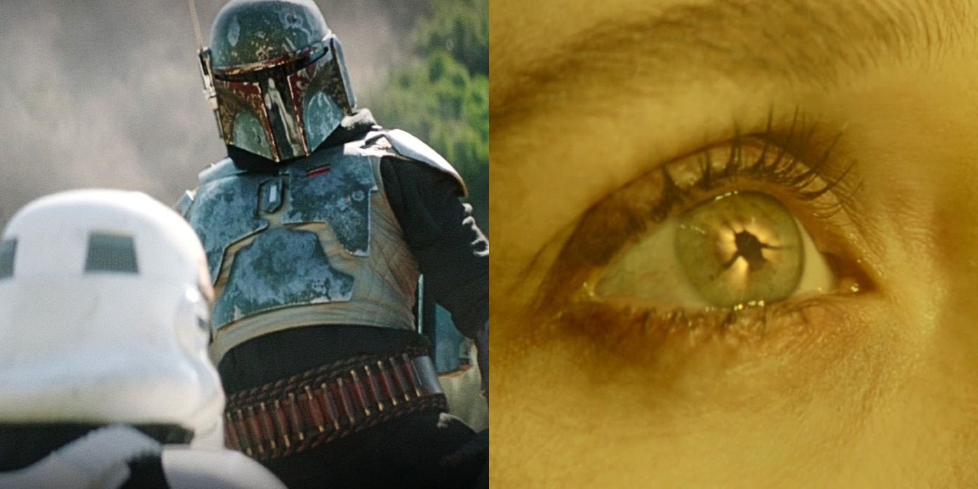 Split image of the Mandalorian facing a storm trooper and Wanda seeing a witch.