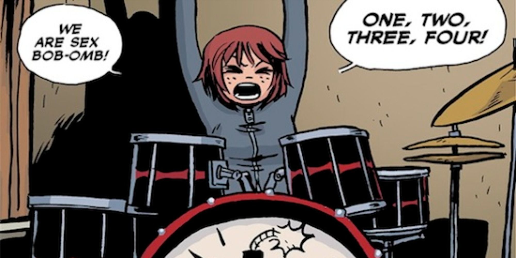 Kim Pine counts off before Sex Bob-Omb plays in Brian Lee O'Malley's Scott Pilgrim