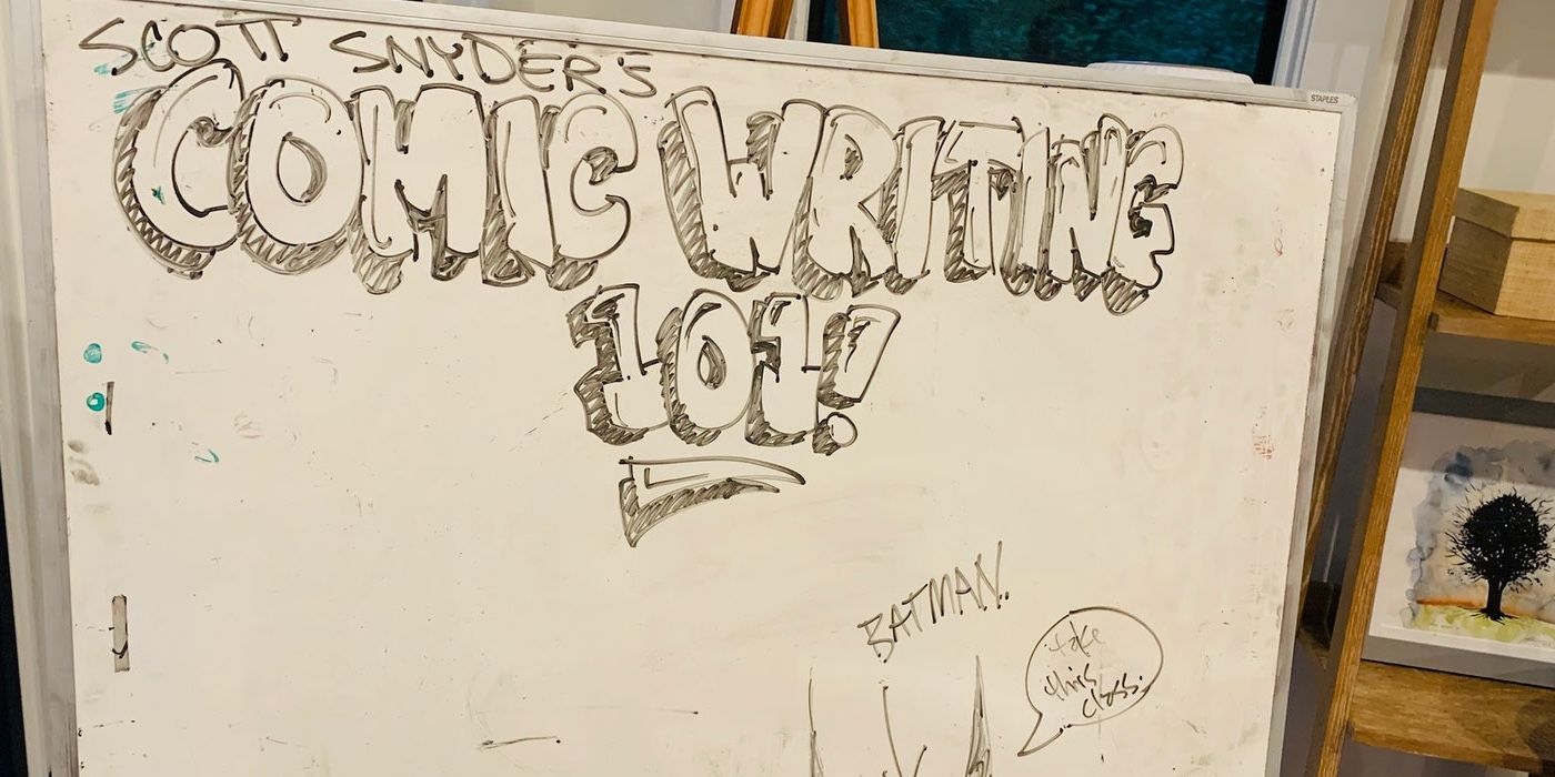 A whiteboard advertising Scott Snyder's Comic Writing 101 class