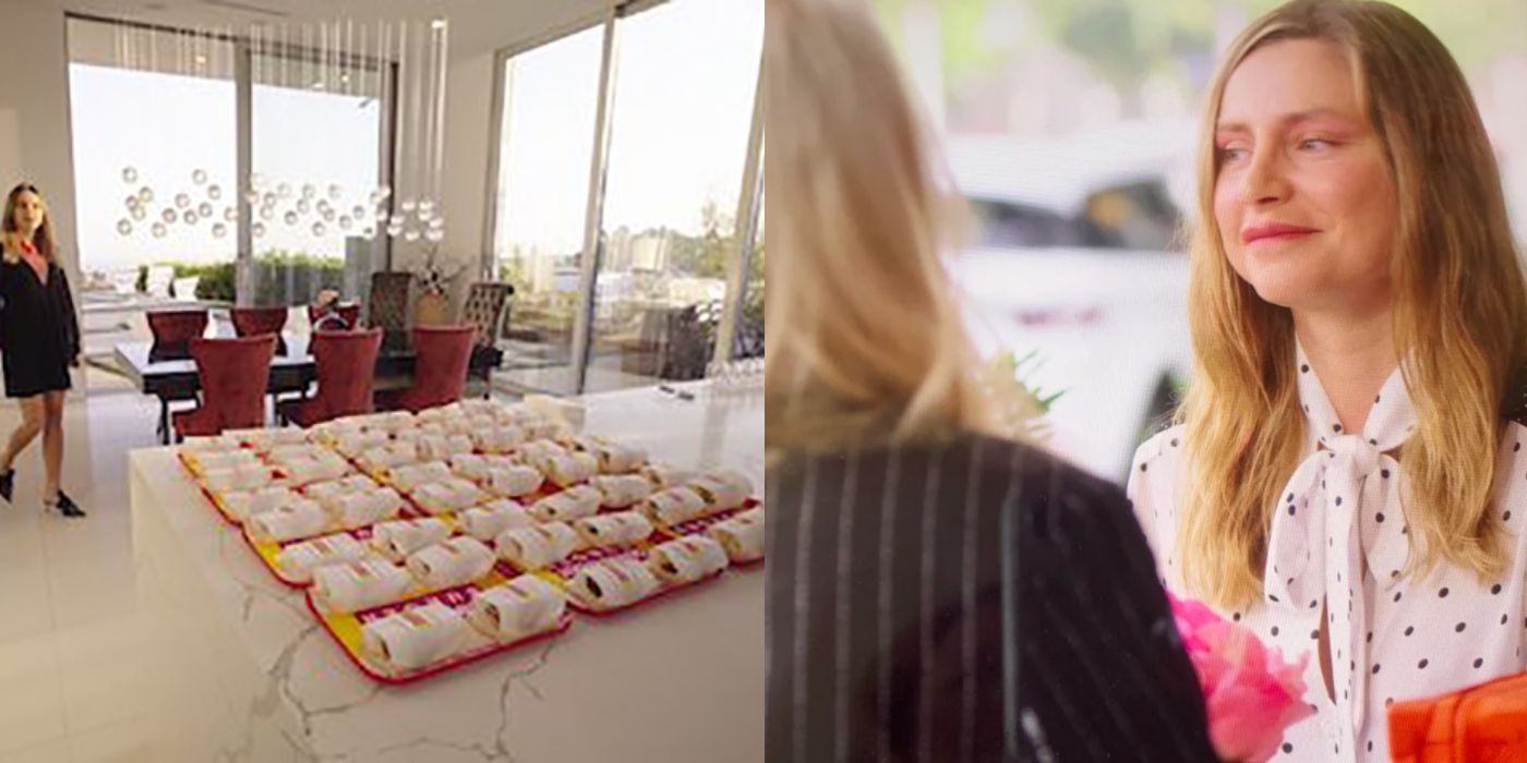 Split image of the Botox and Burgers party and Christine talking to Monika on Selling Sunset