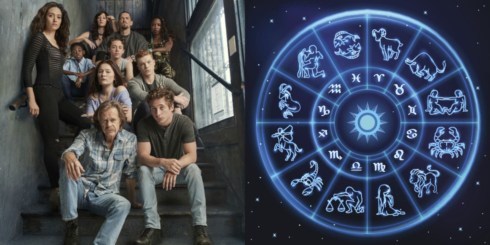 A split image of the Shameless cast and the zodiac wheel