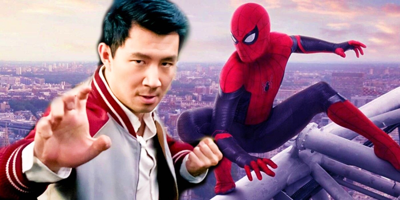 Blended Image of Shang-Chi (Simu Liu) about to do kung fu and Spider-Man (Tom Holland) perched atop a structure