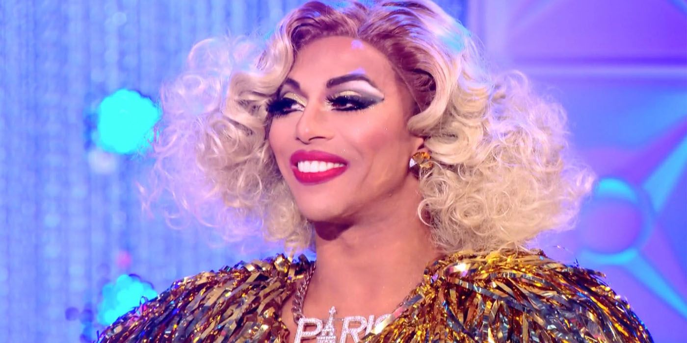 Shangela smiles on the runway in season 3 of RuPaul's Drag Race All Stars.