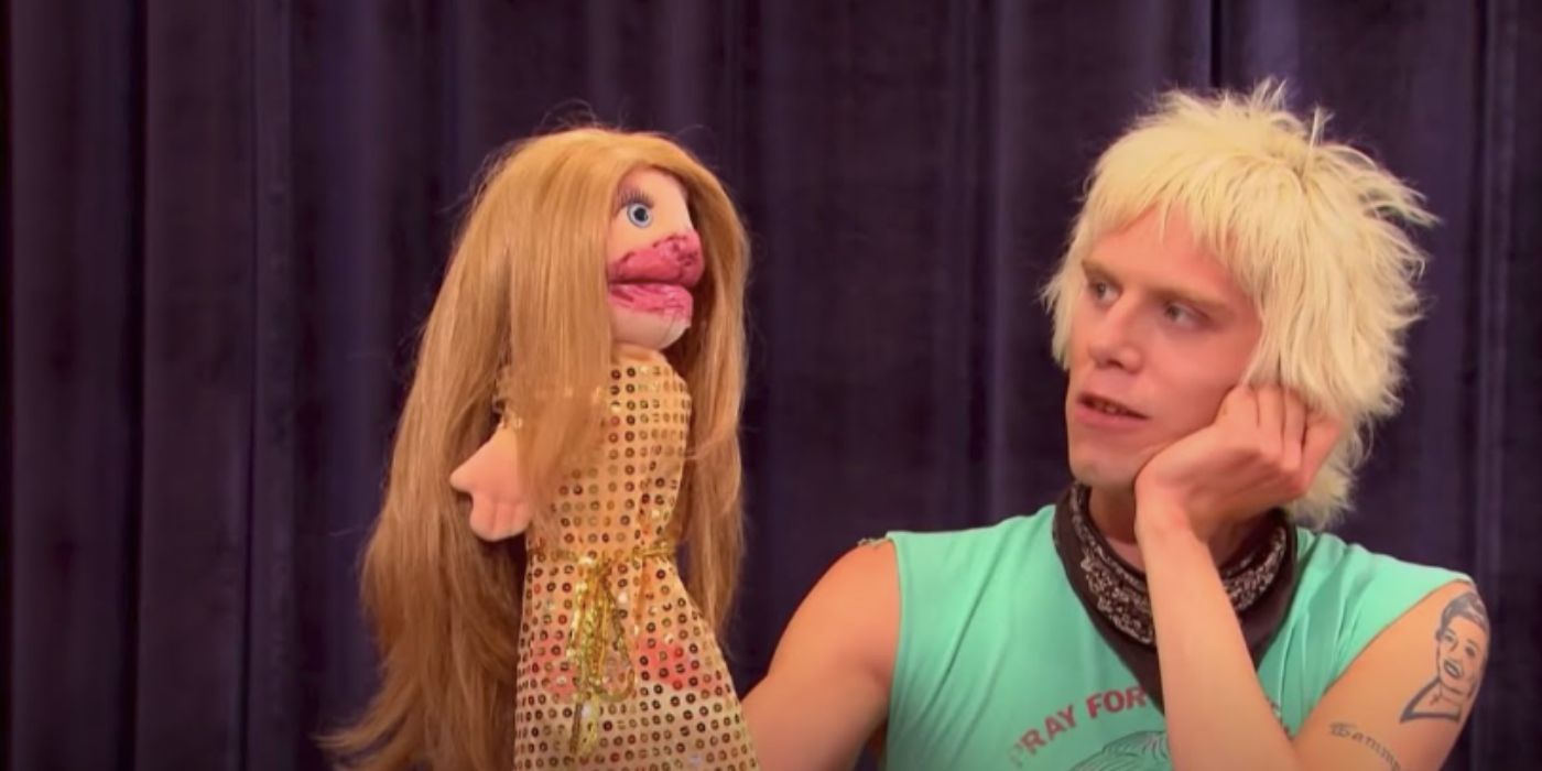 A photo of Sharon Needles holding a puppet in RuPaul's Drag Race